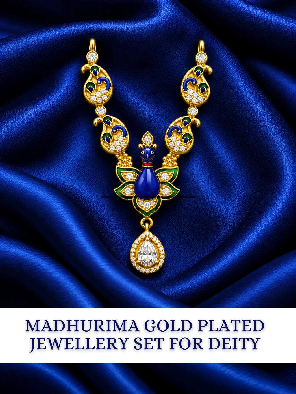 Mayur Ratnavali AD Haar for Deity featuring rich blue stone accents and sparkling AD work. An elegant royal choker for Laddu Gopal and festive shringar.