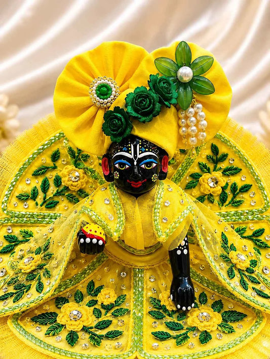Bright Yellow & Green Leaf Embroidery Laddu Gopal Poshak