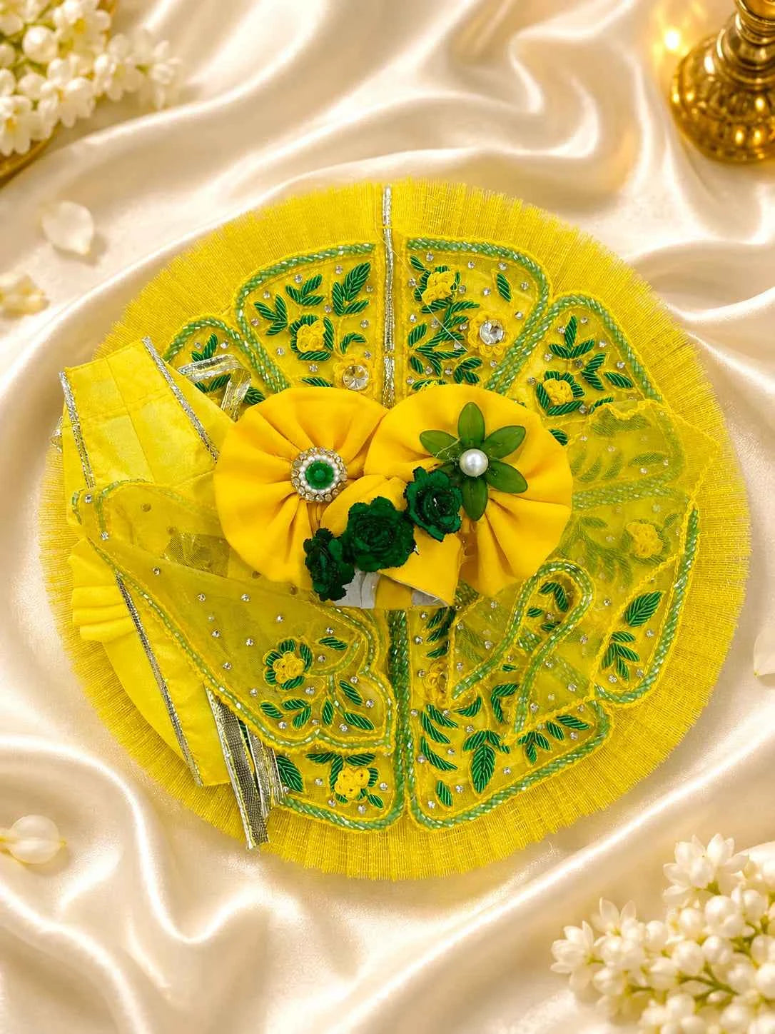 Bright Yellow & Green Leaf Embroidery Laddu Gopal Poshak