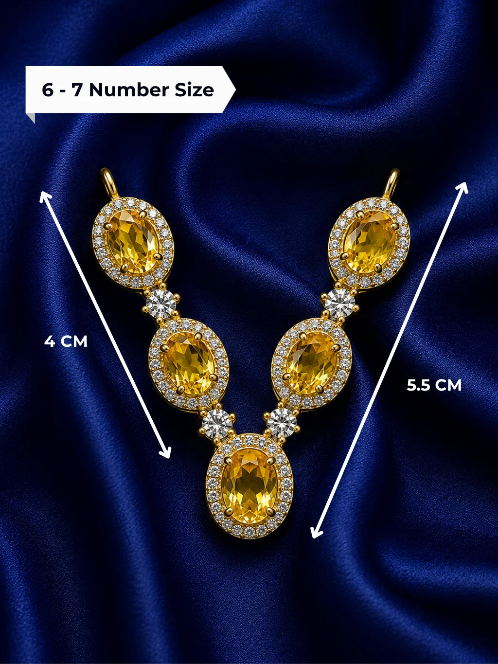Celestial gold plated Kanth-Haar with oval yellow gemstones and white American Diamond halo border for Kanha Ji