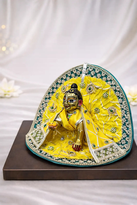 Yellow and green net work Laddu Gopal dress handcrafted shringar poshak