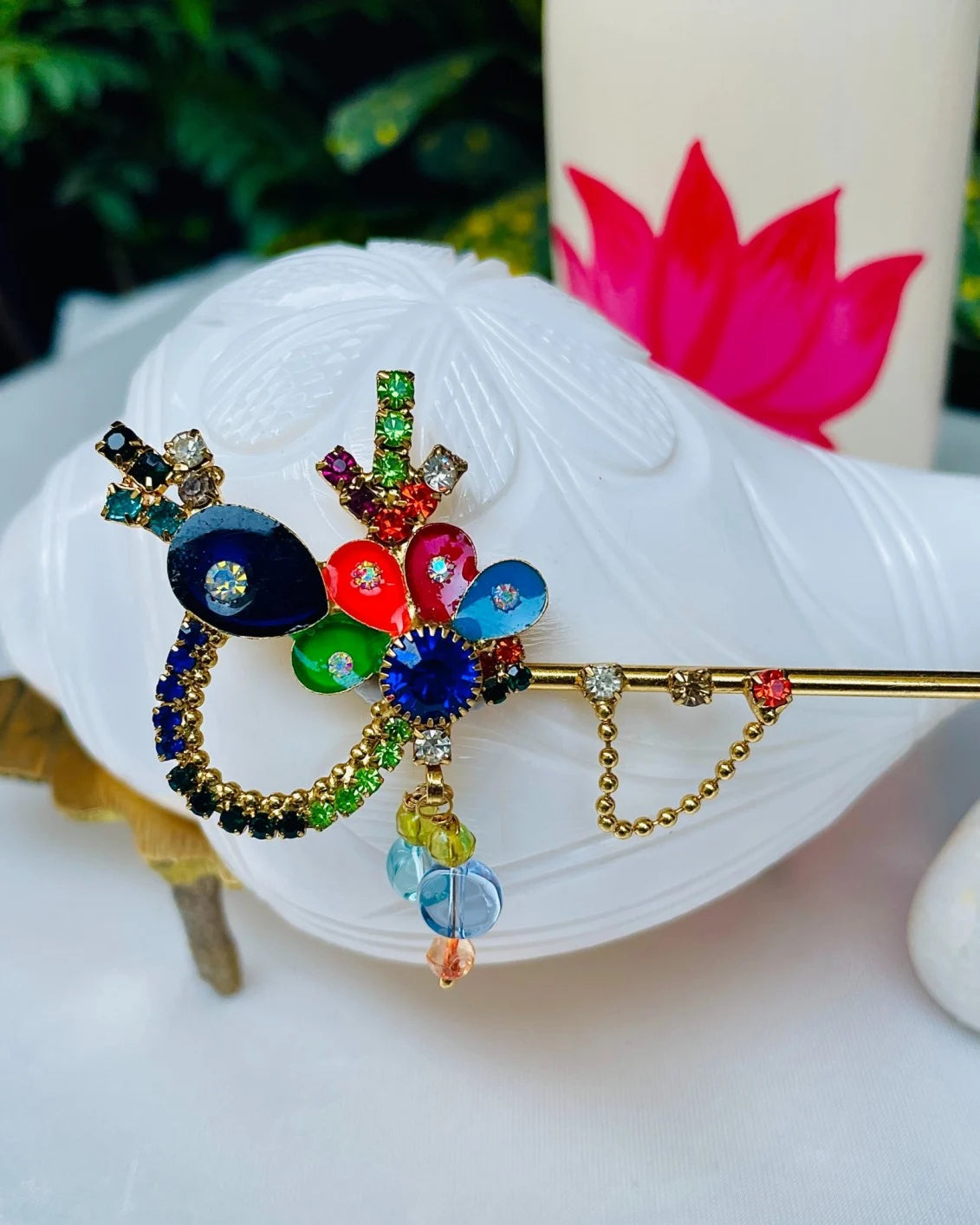 Multicolor crystal-studded Laddu Gopal Bansuri with hanging beads and chakra design – ideal flute for Kanha Ji’s shringar.