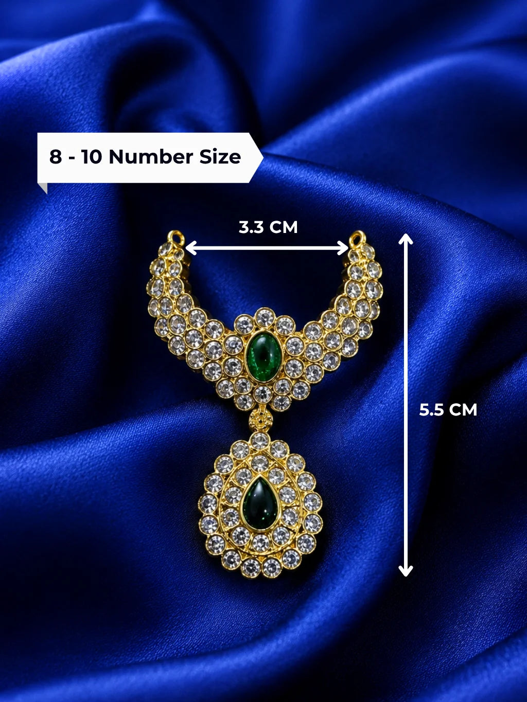 Premium gold plated Emerald Teardrop Jadaau necklace with white American Diamonds and green gemstones for Laddu Gopal deity shringar