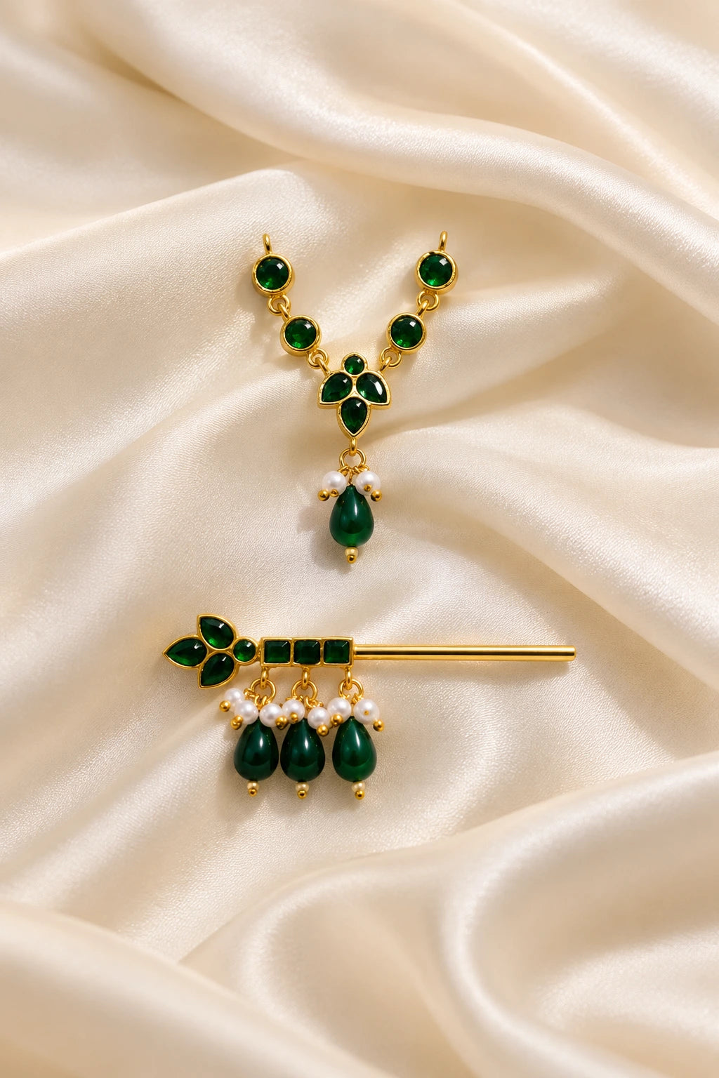 Harit Kusumika Necklace and Bansuri Set for Deity featuring green floral-inspired jewellery and a matching decorative Krishna flute for Laddu Gopal shringar