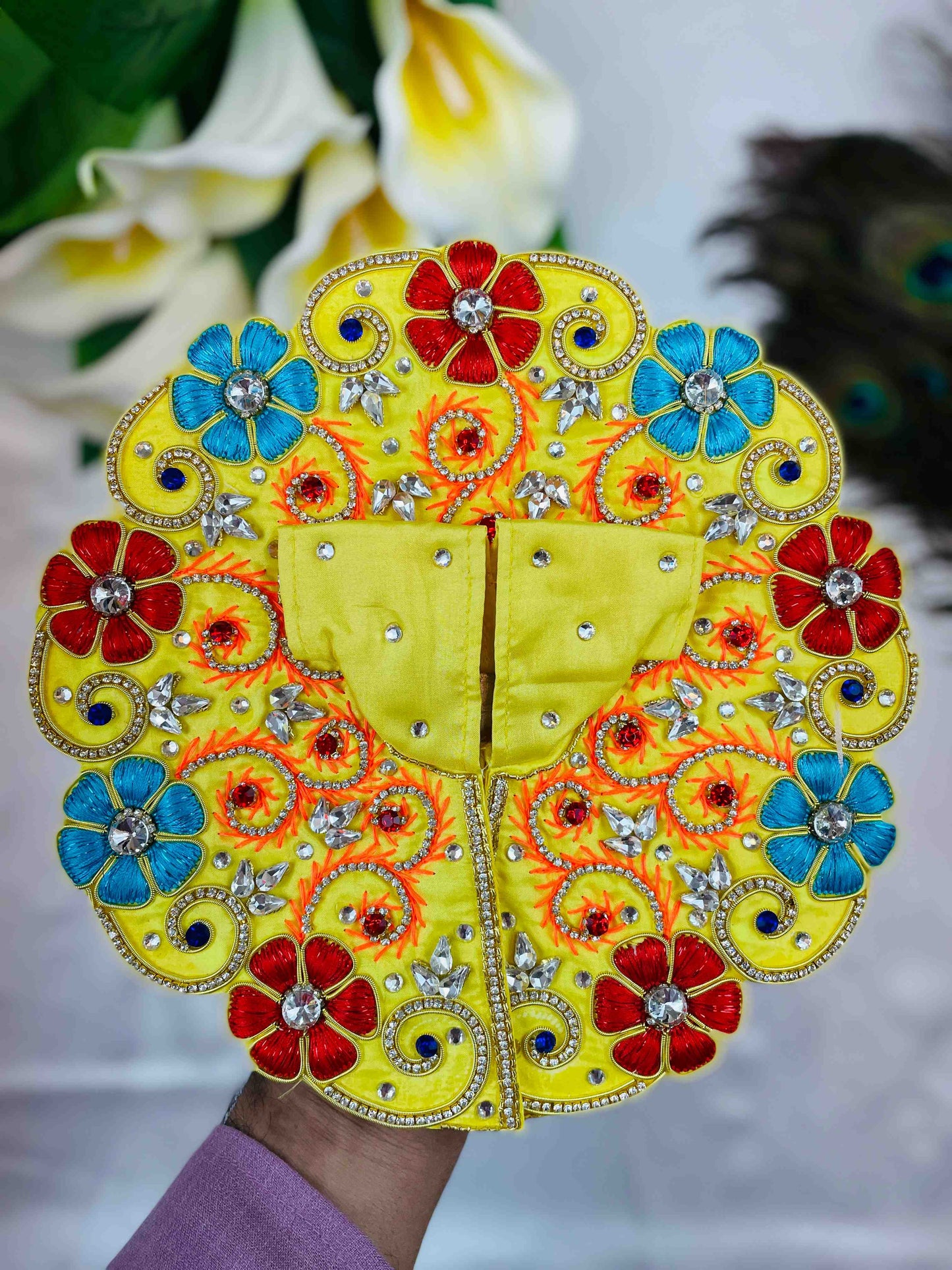 Yellow Laddu Gopal Dress with red and blue floral embroidery and sparkling stones – vibrant poshak for Kanha Ji.