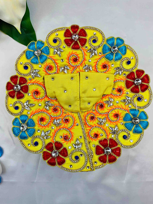 Yellow Laddu Gopal Dress with red and blue floral embroidery and sparkling stones – vibrant poshak for Kanha Ji.