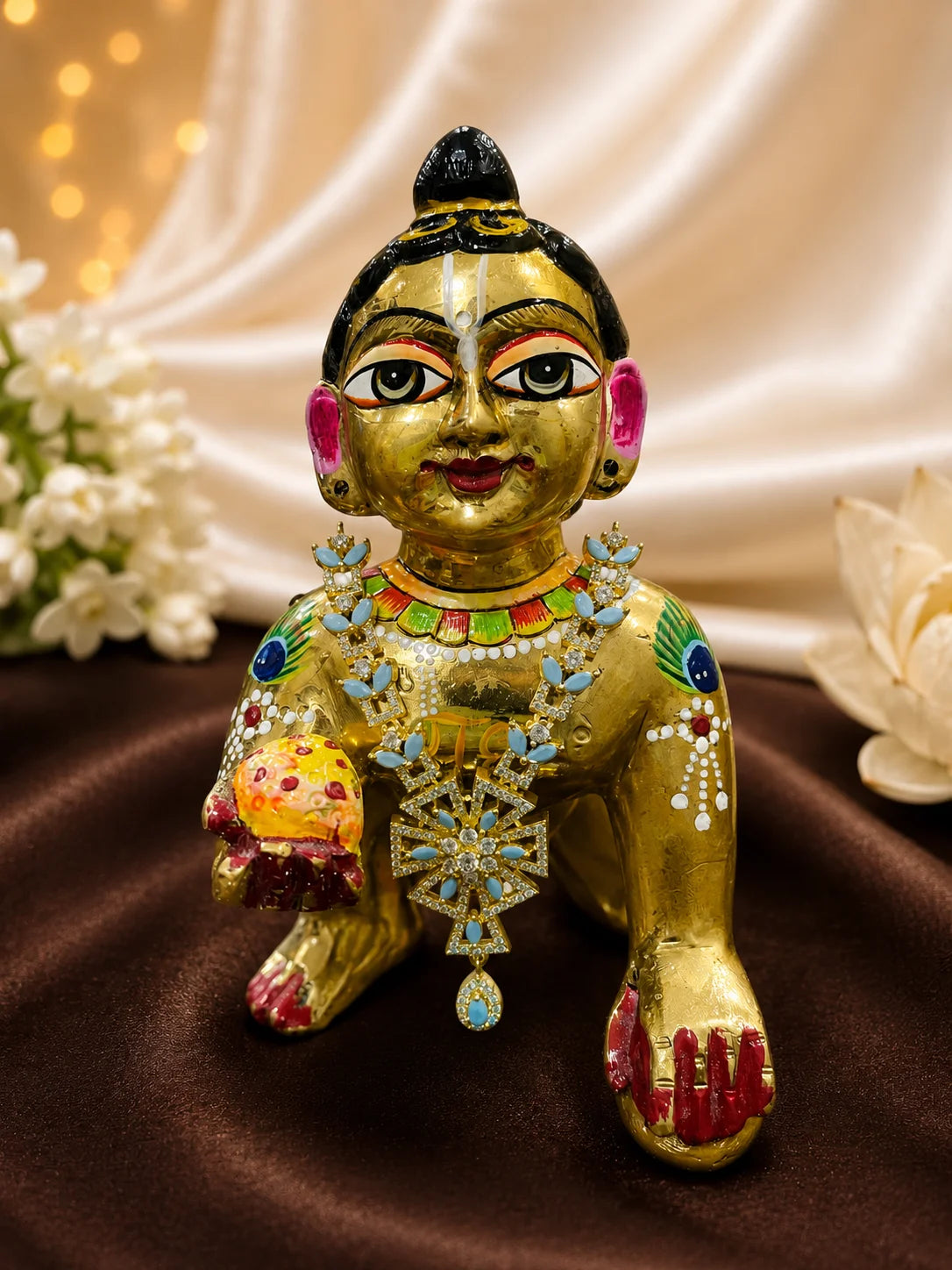Elegant Golden AD Necklace for Laddu Gopal with sparkling American diamond stones and silver finish