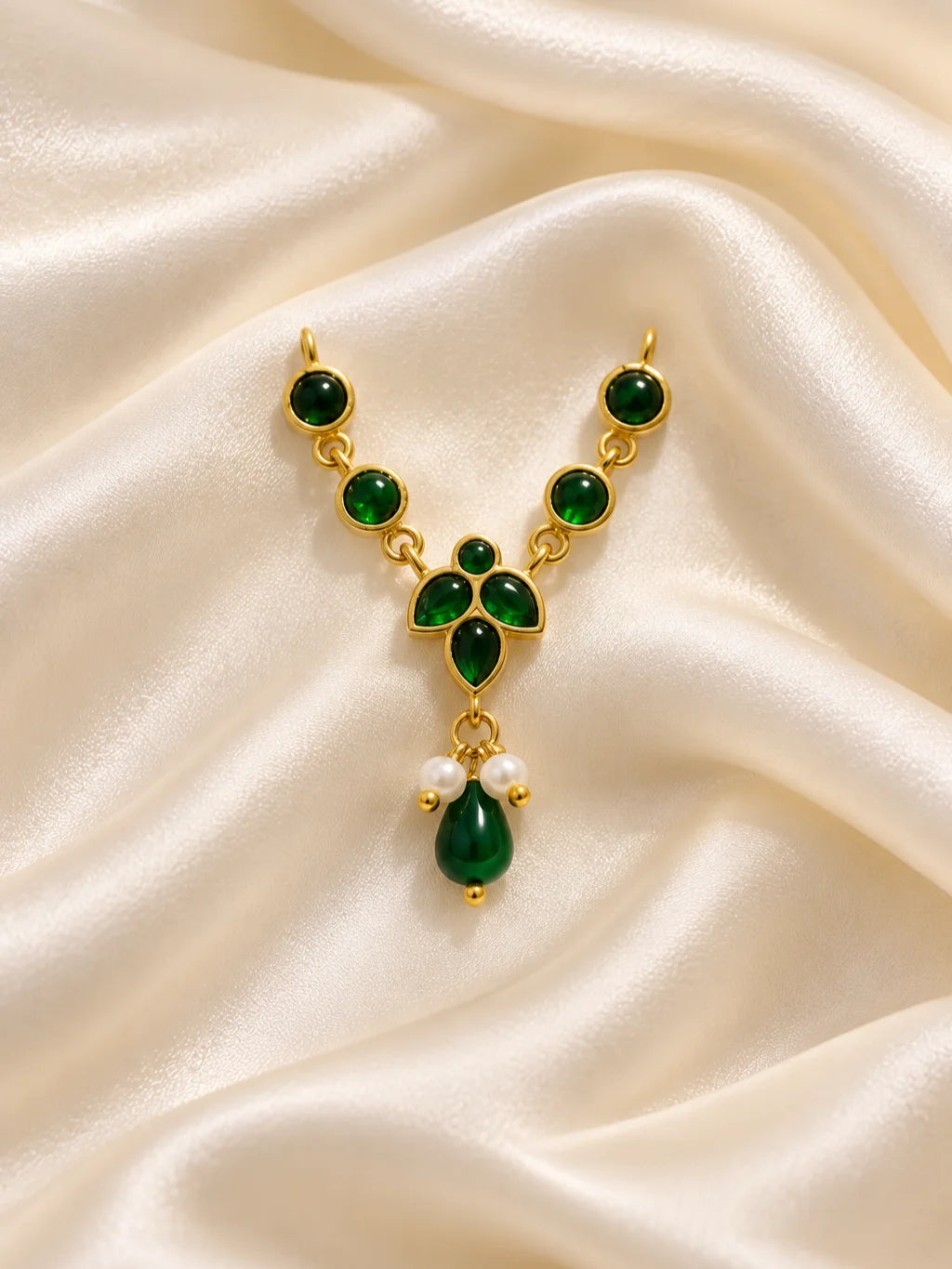 Harit Kusumika Necklace and Bansuri Set for Deity featuring green floral-inspired jewellery and a matching decorative Krishna flute for Laddu Gopal shringar