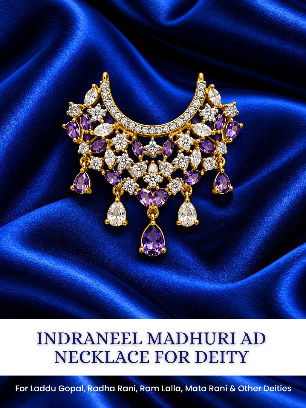 Indraneel Madhuri AD Necklace for Deity with deep blue jewel-inspired accents and sparkling American Diamond detailing