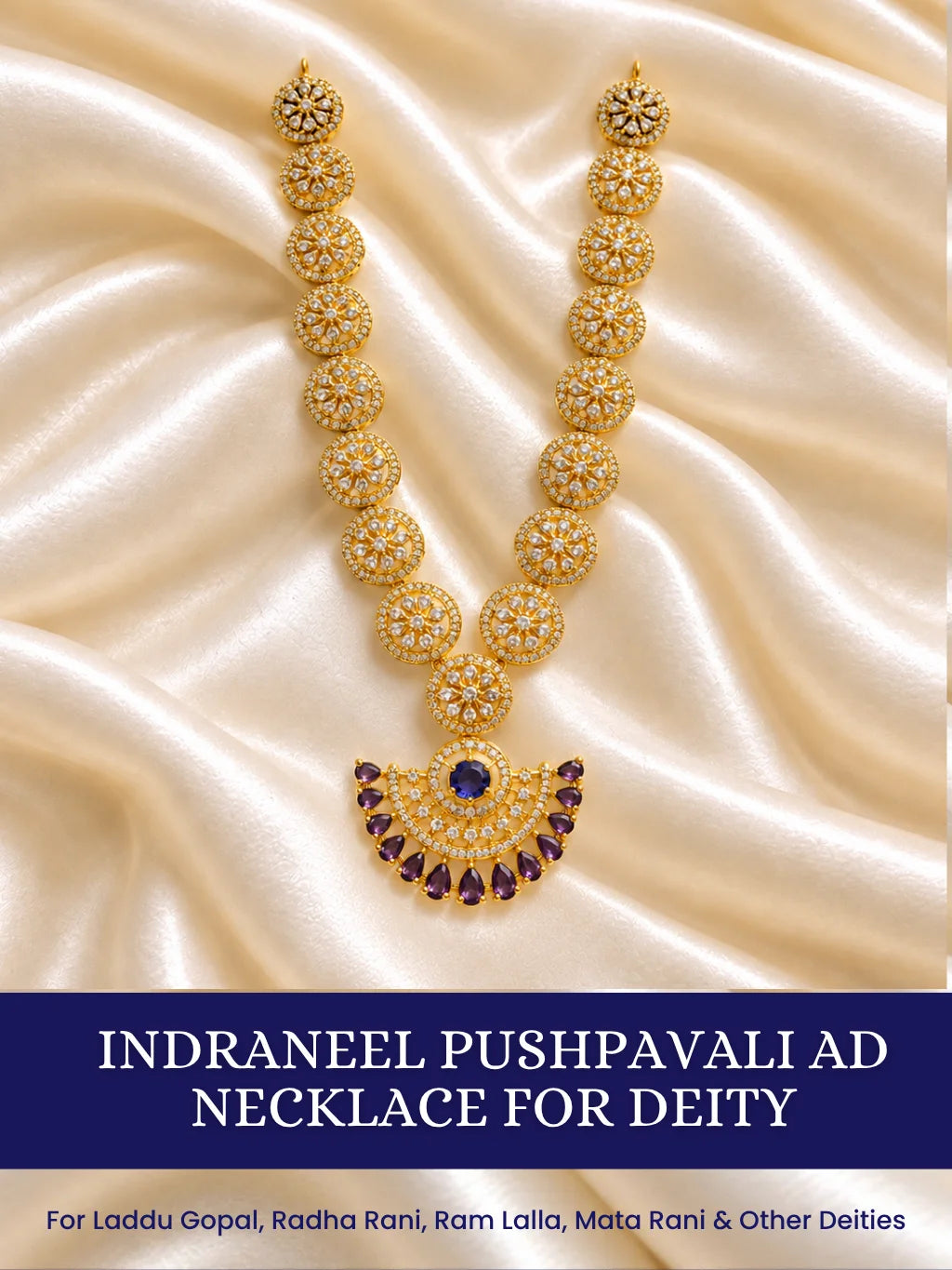 Indraneel Pushpavali AD Necklace for Deity with sapphire-blue inspired floral ornamentation and sparkling American Diamond detailing for Laddu Gopal and Radha Rani shringar