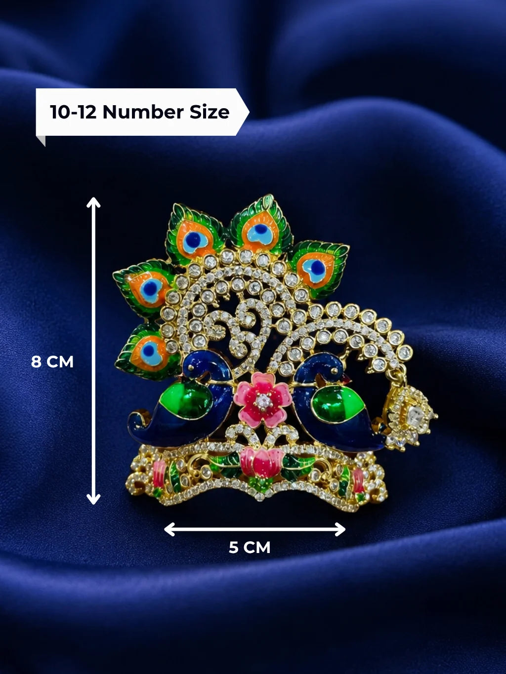 Premium gold plated Kamalkari twin peacock mukut crown with white American Diamonds and lotus motifs for Laddu Gopal deity shringar