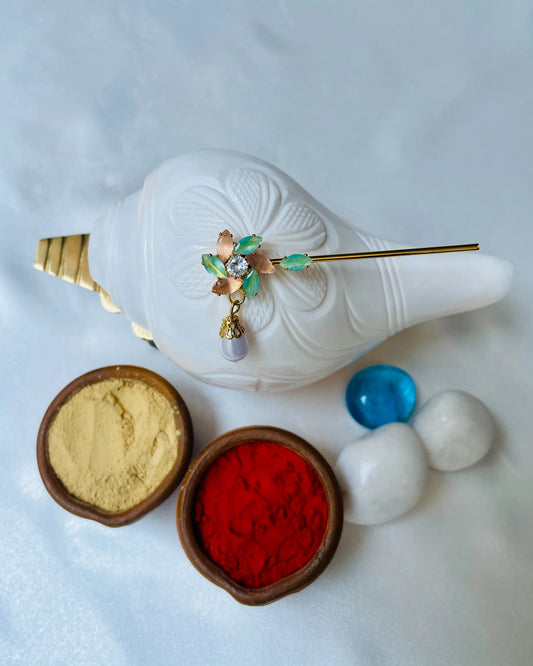 Laddu Gopal Basuri with pastel stones and pearl drop – designer Krishna flute for pooja.