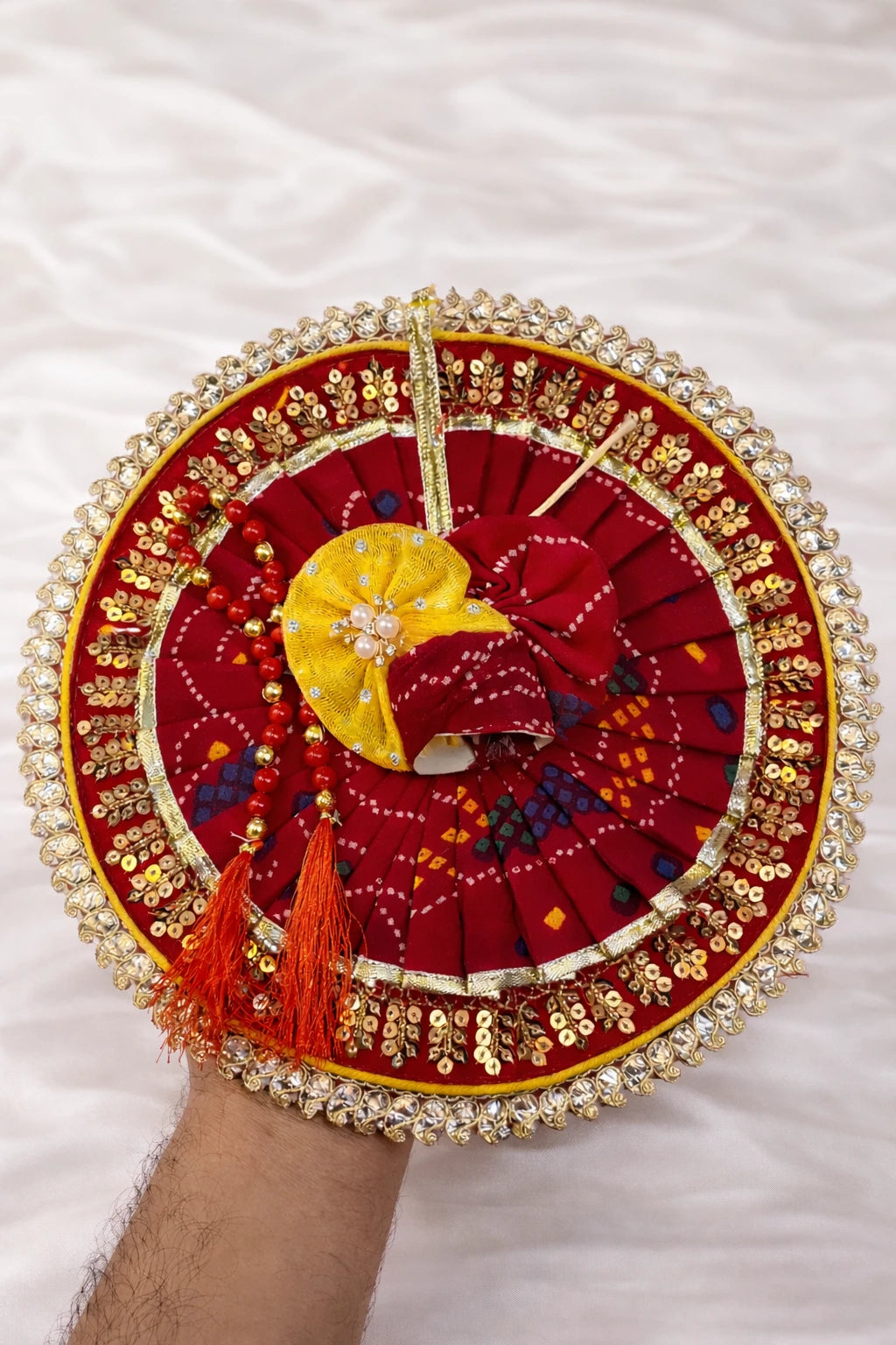 Laddu Gopal Dress – Red & Yellow Shringar with Golden Lace Border