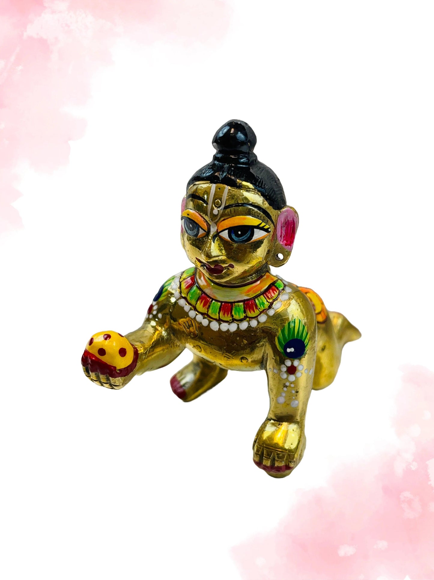 Ashtadhatu Laddu Gopal Vigraha in golden finish – crawling pose idol with hand-painted details and laddu.