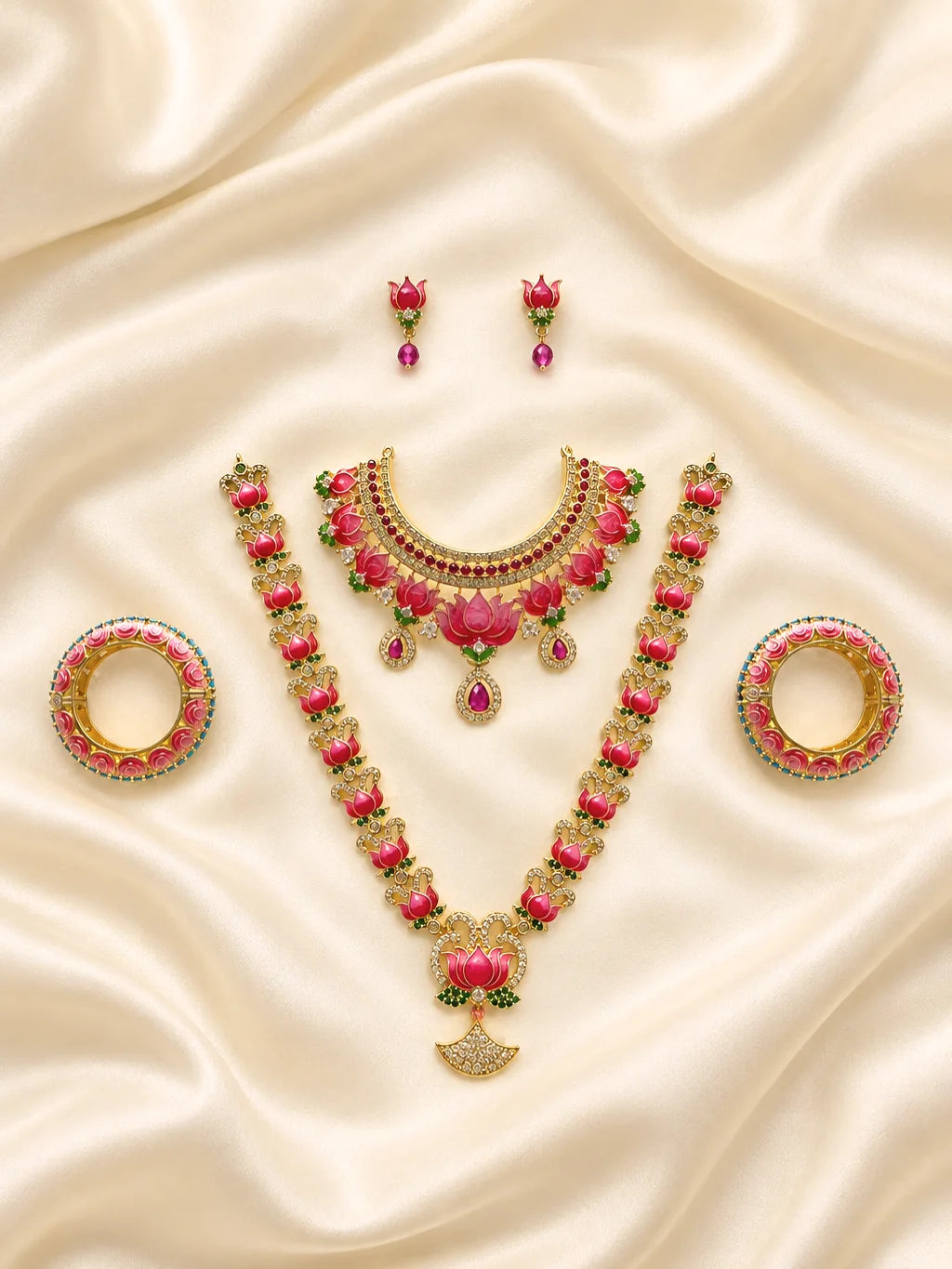 Lotus Rajsi AD Jewellery Set for Deity featuring vibrant lotus motifs, sparkling AD stones and elegant royal detailing for grand festive shringar.