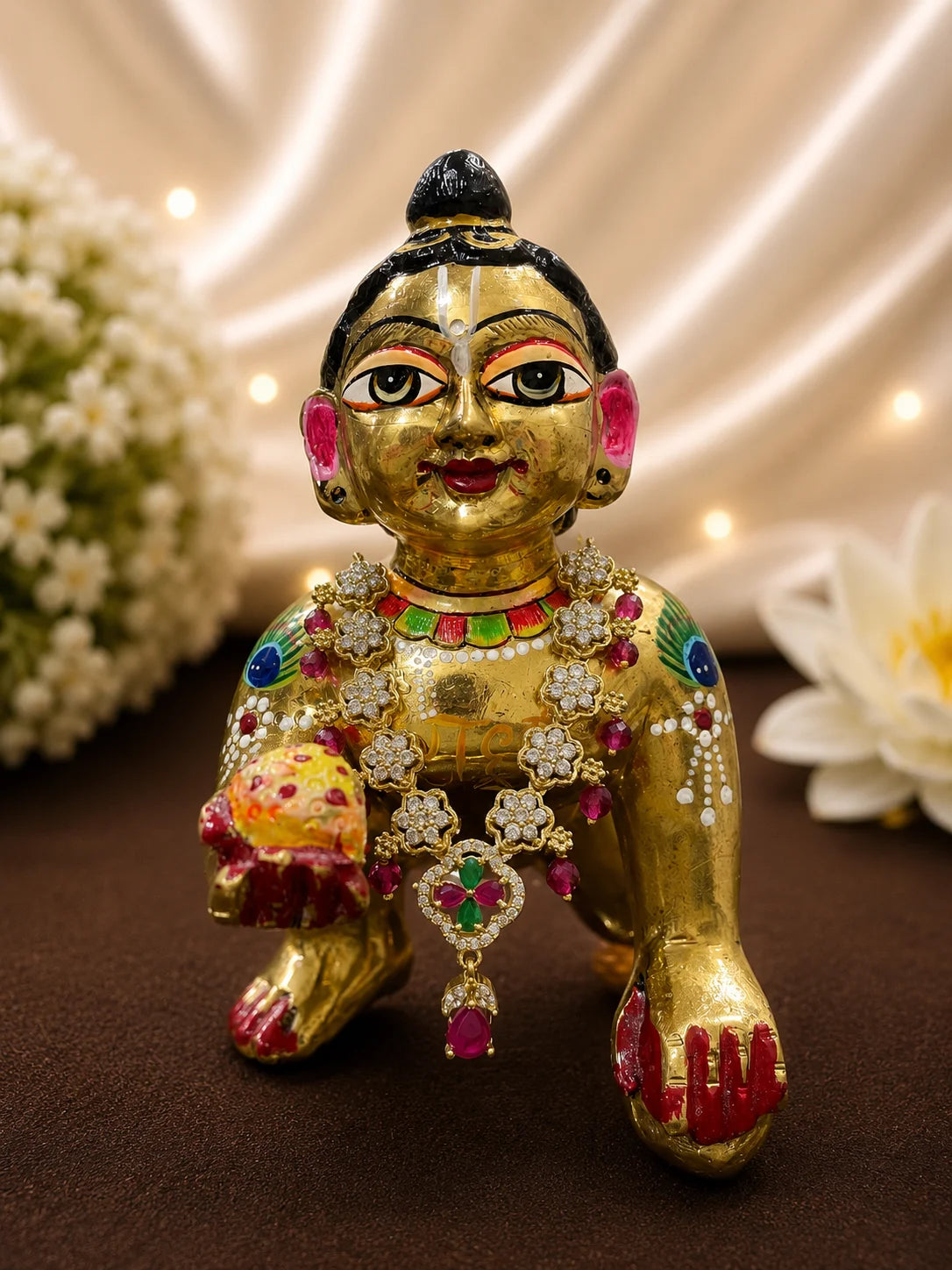 Majestic gold plated floral American Diamond necklace with ruby and emerald stone drops for deity shringar
