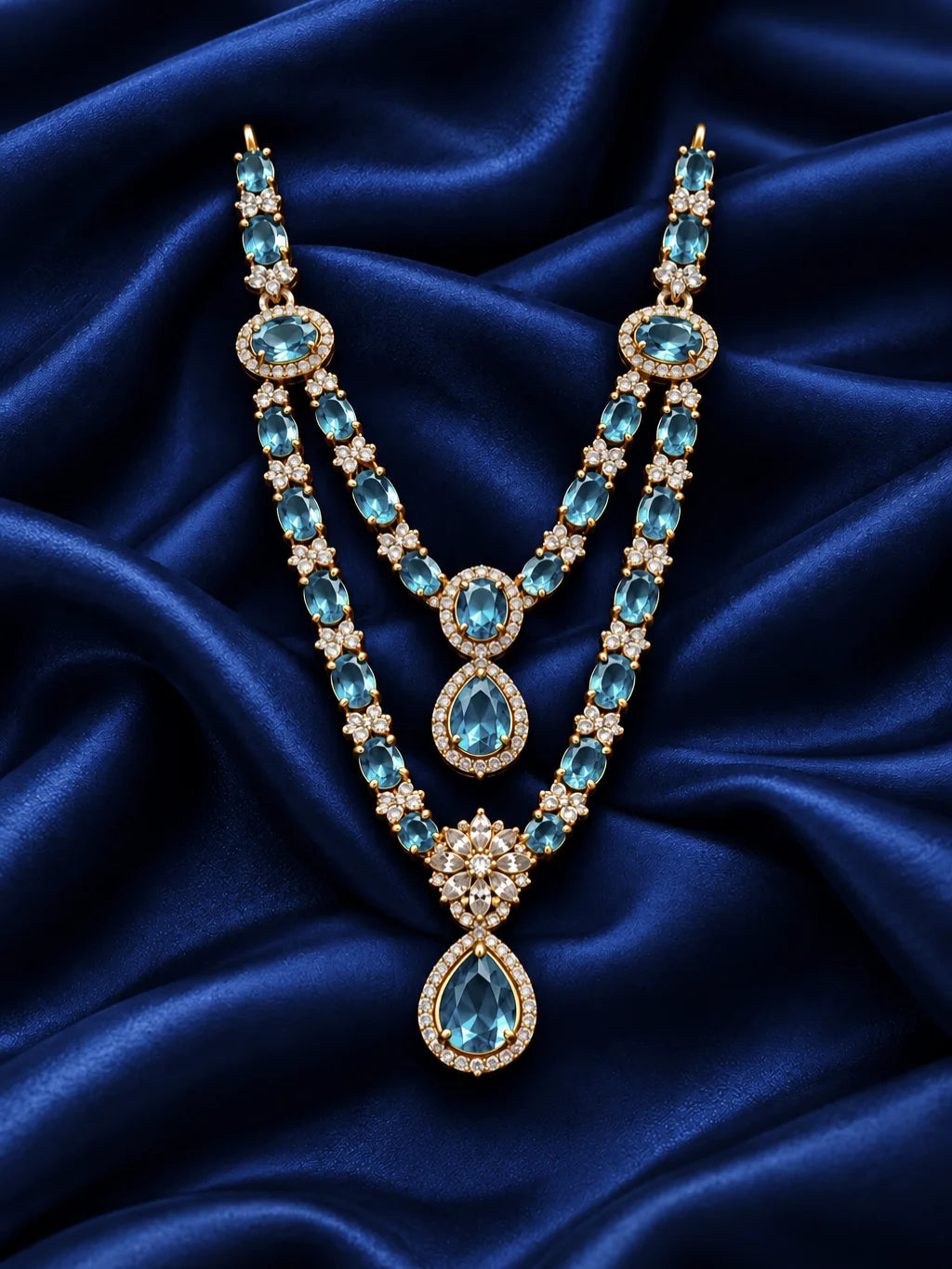 Manikya Kusumavali AD Necklace for Deity featuring ruby-inspired floral ornamentation and sparkling American Diamond detailing for Laddu Gopal and Radha Rani shringar
