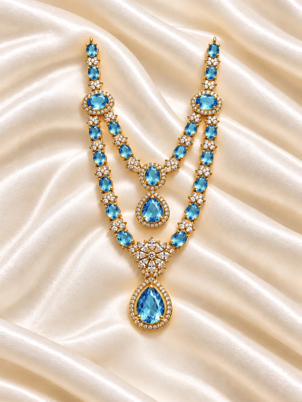 Manikya Kusumavali AD Necklace for Deity featuring ruby-inspired floral ornamentation and sparkling American Diamond detailing for Laddu Gopal and Radha Rani shringar
