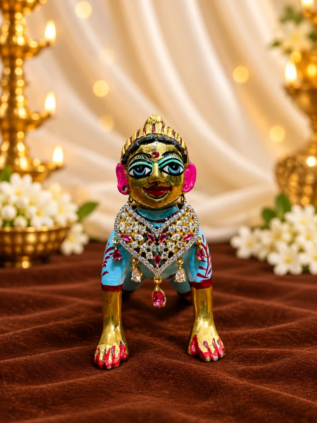 Manikya Pallavi AD Necklace for Deity with ruby-inspired ornamental styling and sparkling American Diamond detailing
