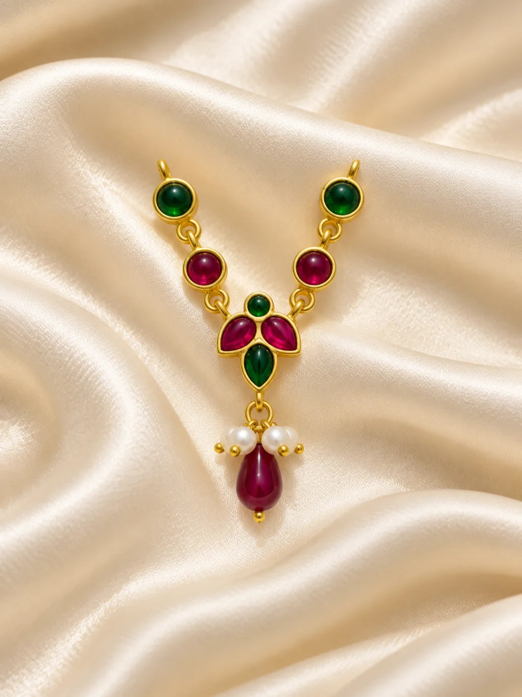 Manikya Panna Madhuri Necklace and Bansuri Set for Deity featuring ruby-red and emerald-green inspired jewellery styling with a matching decorative Krishna flute for Laddu Gopal shringar.