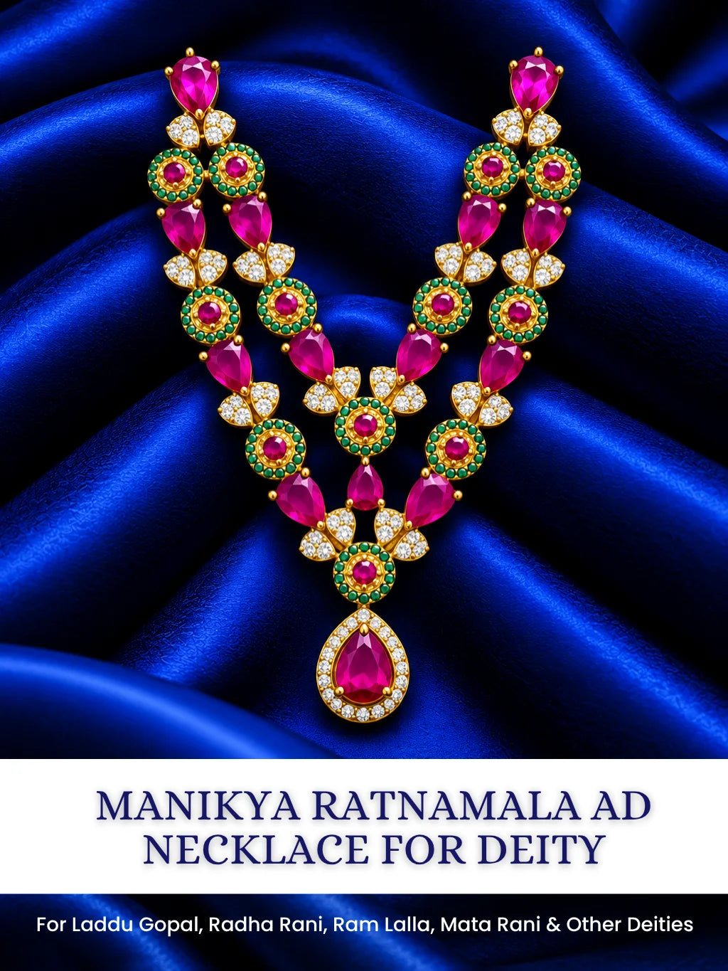 Shop Manikya Ratnamala AD Necklace for Deity with ruby-inspired accents and sparkling AD work. A regal jewellery piece for Laddu Gopal and festive shringar.