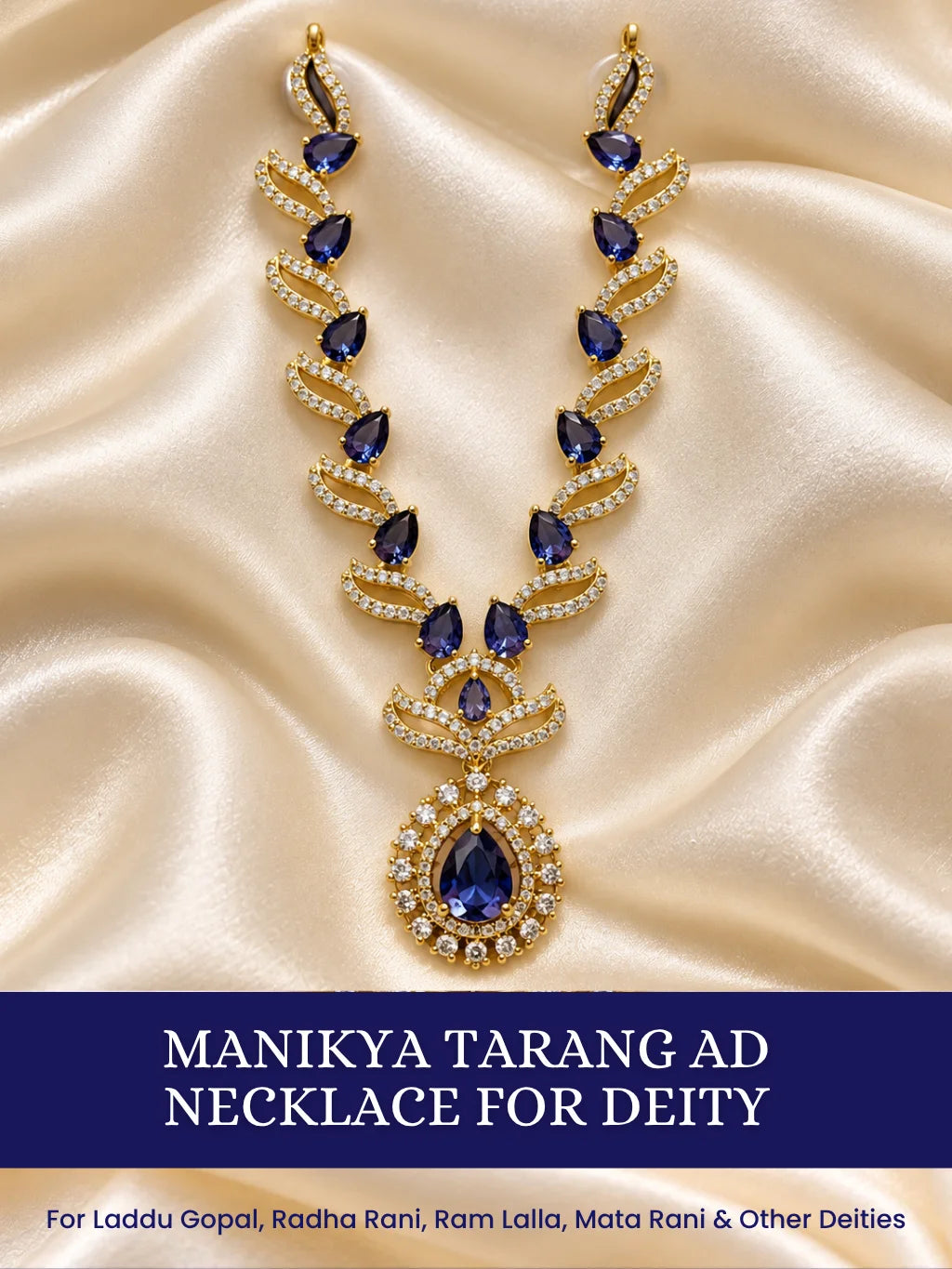 Manikya Tarang AD Necklace for Deity with ruby-inspired accents, flowing wave-style design and sparkling American Diamond detailing