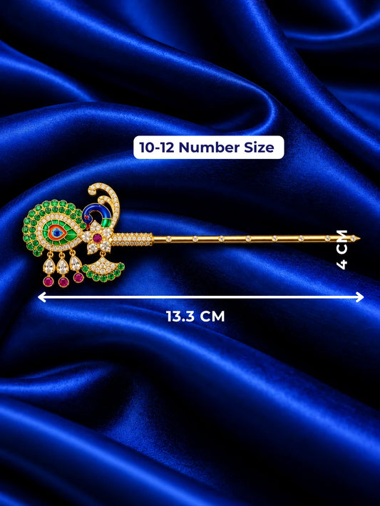 Shop Mayur Mohini AD Bansuri for Deity with graceful peacock-inspired detailing and sparkling AD work. An elegant flute for Laddu Gopal and Krishna Ji shringar.