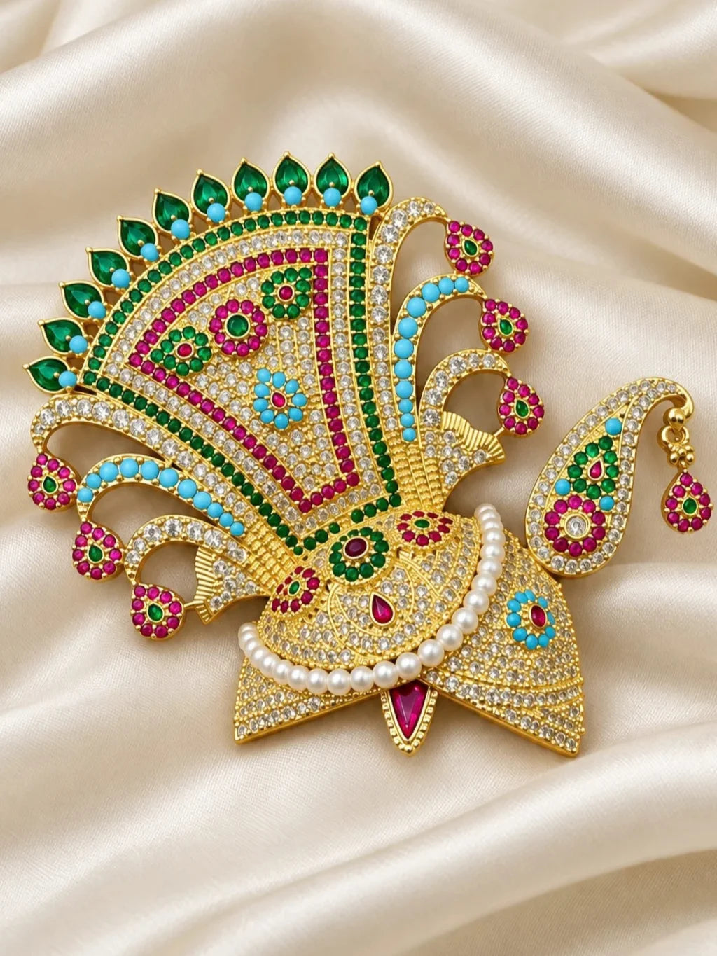 Mayur Maharaj AD Mukut for Deity with majestic peacock-inspired detailing and sparkling AD work. A royal crown for Laddu Gopal and Krishna Ji shringar.