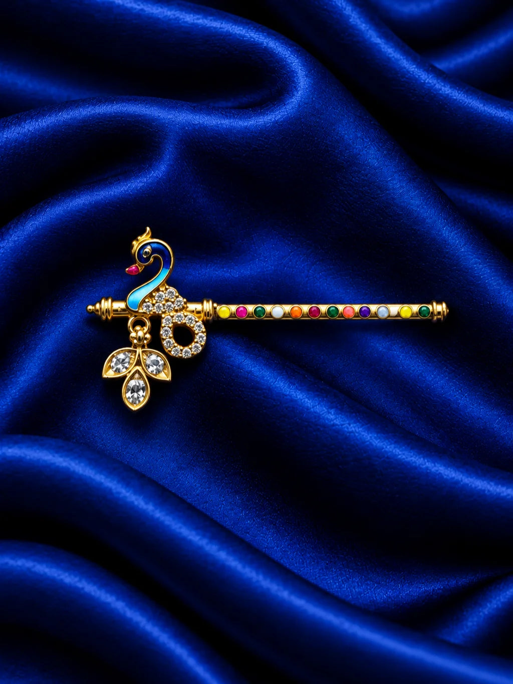 Mayur Navrang AD Bansuri for Deity with peacock-inspired styling, multicolor accents and sparkling AD work for Laddu Gopal and Krishna Ji shringar.