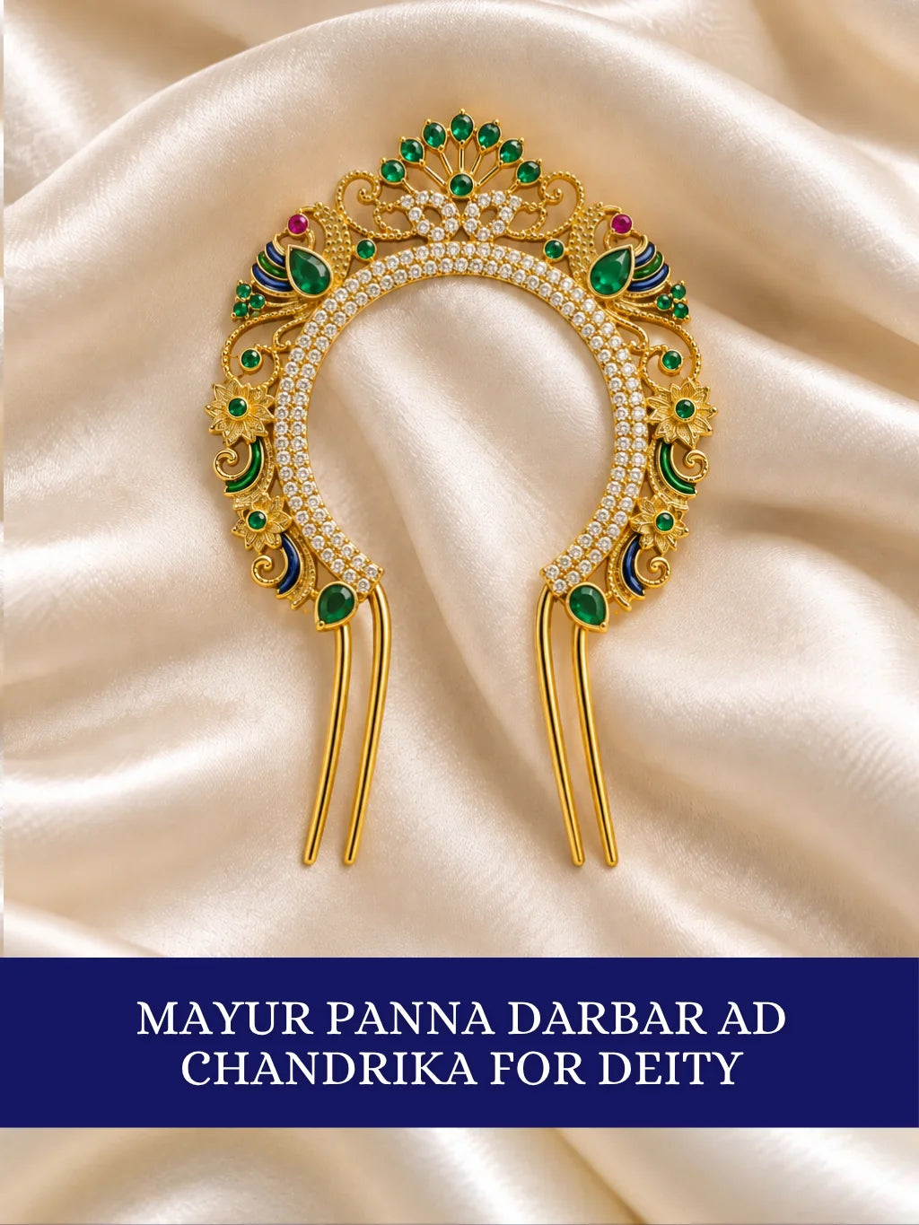Mayur Panna Darbar AD Chandrika for Deity featuring royal peacock-inspired ornamentation, emerald-green jewel-inspired accents and sparkling American Diamond detailing for traditional deity shringar.