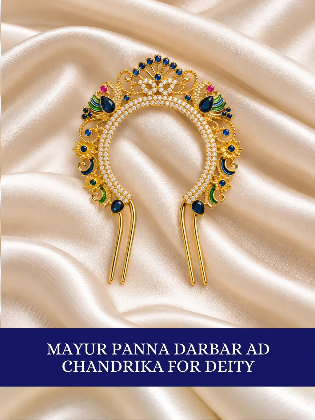 Mayur Panna Darbar AD Chandrika for Deity featuring royal peacock-inspired ornamentation, emerald-green jewel-inspired accents and sparkling American Diamond detailing for traditional deity shringar.