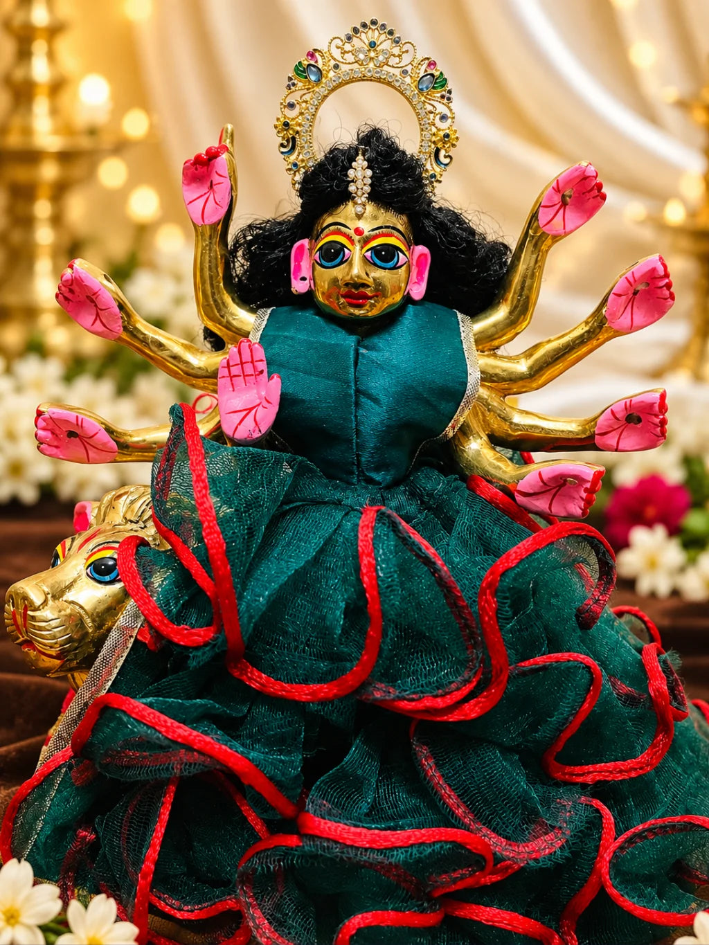Mayur Panna Darbar AD Chandrika for Deity featuring royal peacock-inspired ornamentation, emerald-green jewel-inspired accents and sparkling American Diamond detailing for traditional deity shringar.