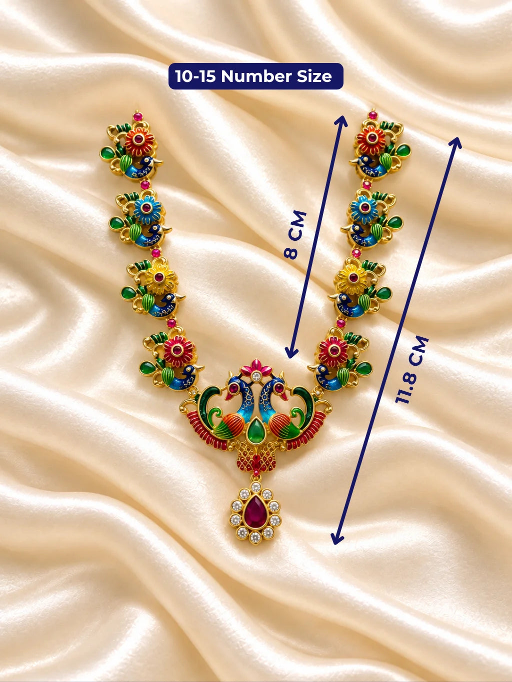 Mayur Rangavali Necklace for Deity featuring peacock-inspired ornamental styling and vibrant multicolor jewellery design for Laddu Gopal and Krishna Ji shringar