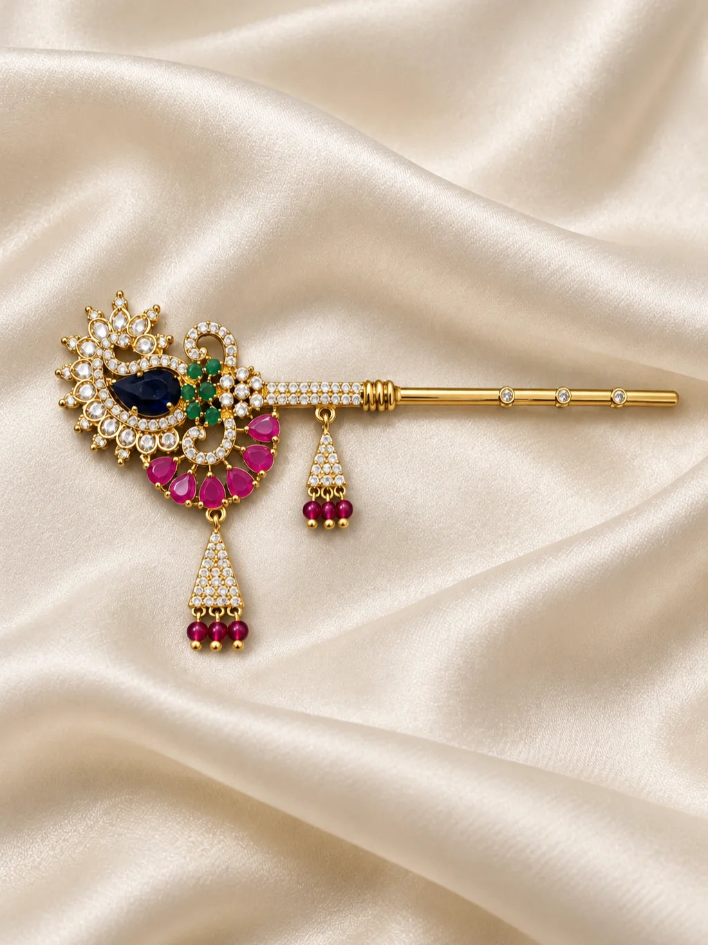 Mayur Ratna AD Bansuri for Deity with peacock-inspired detailing and sparkling AD work. A beautiful flute for Laddu Gopal and Krishna Ji shringar.