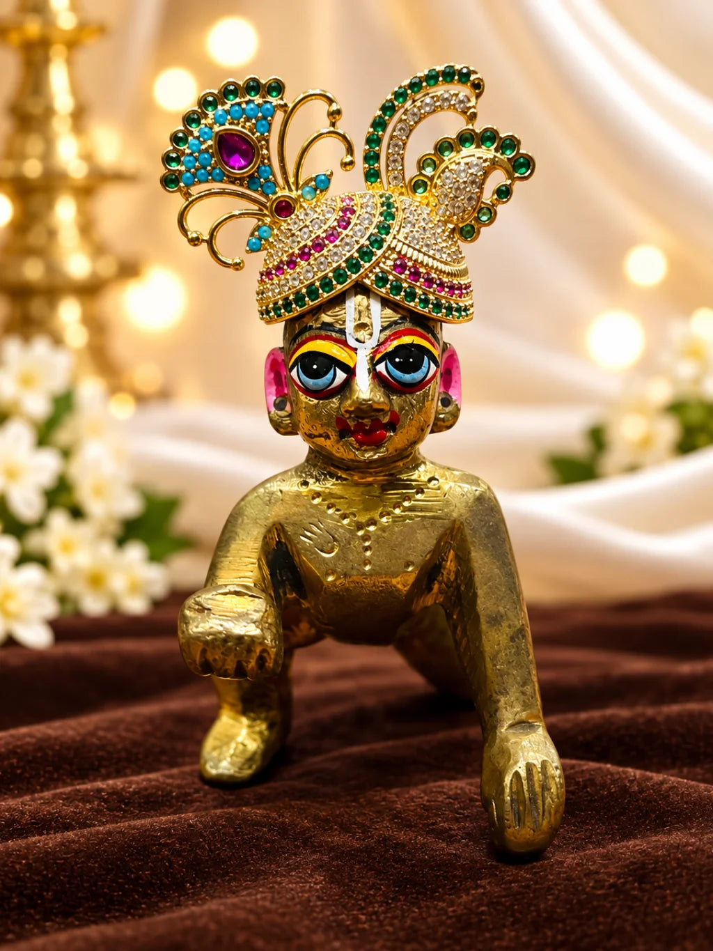 Mayur Ratna Rangmahal AD Mukut for Deity featuring royal peacock-inspired ornamental styling, multicolor jewel-inspired accents and sparkling American Diamond detailing for Laddu Gopal and Krishna Ji shringar.