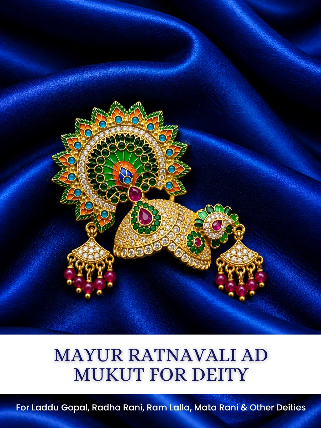 Mayur Chandrika AD Mukut for Deity with elegant peacock-inspired artistry and sparkling AD work. A royal crown for Laddu Gopal and Krishna Ji shringar.