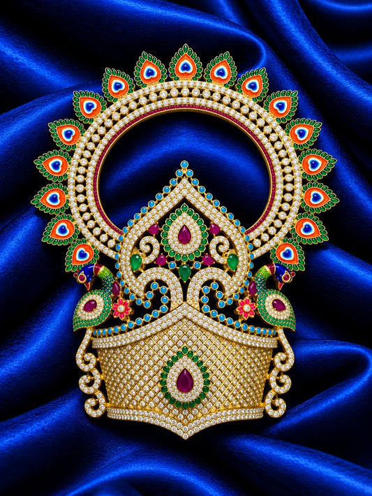 Shop Mayur Darbar AD Mukut for Deity with majestic peacock-inspired detailing and sparkling AD work. A royal crown for Laddu Gopal and Krishna Ji shringar.