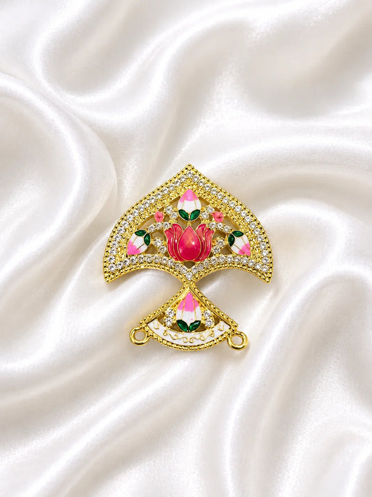 Premium handcrafted pink enamel kamal work gold seep mukut crown for god idols placed on a pristine white silk fabric
