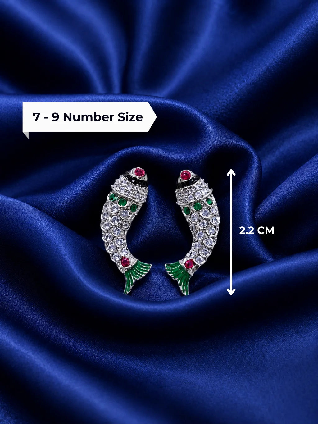 Traditional Matsya shape deity Kundal earrings with sparkling AD stones and red enamel accents for Laddu Gopal Ji