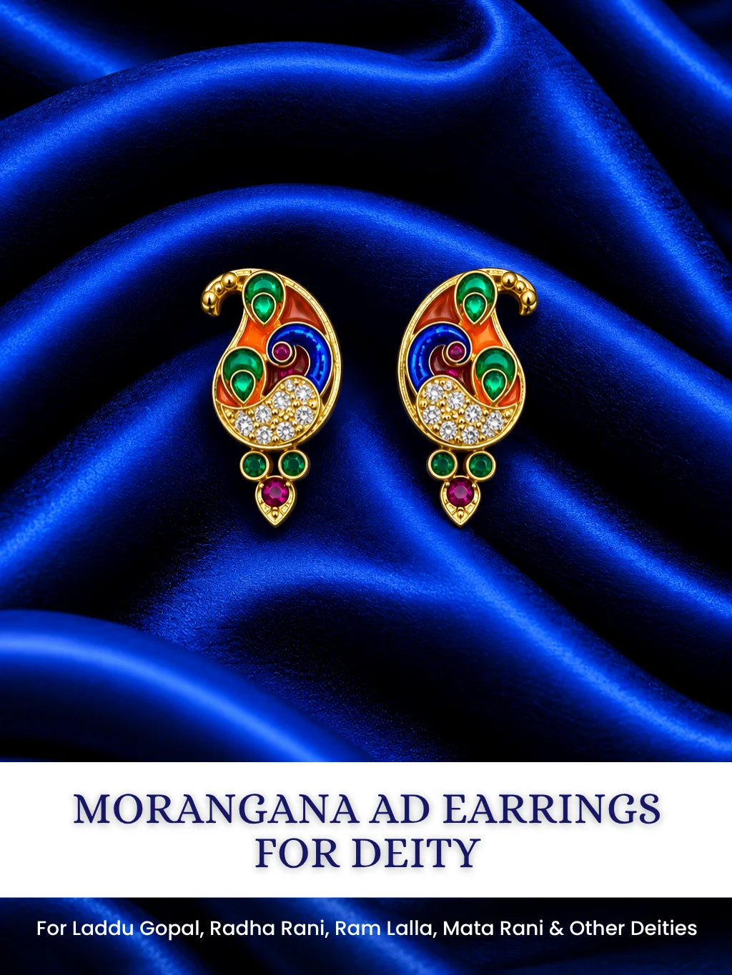 Morangana AD Earrings for Deity with peacock-inspired ornamental design and sparkling American Diamond stone work