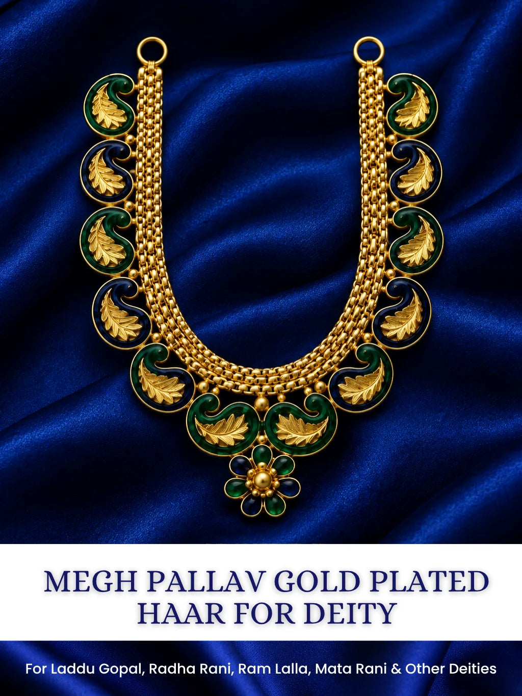 Neel Mayuri Gold Plated Haar for Deity featuring elegant peacock-inspired detailing and a rich golden finish. Ideal for Laddu Gopal & festive shringar.