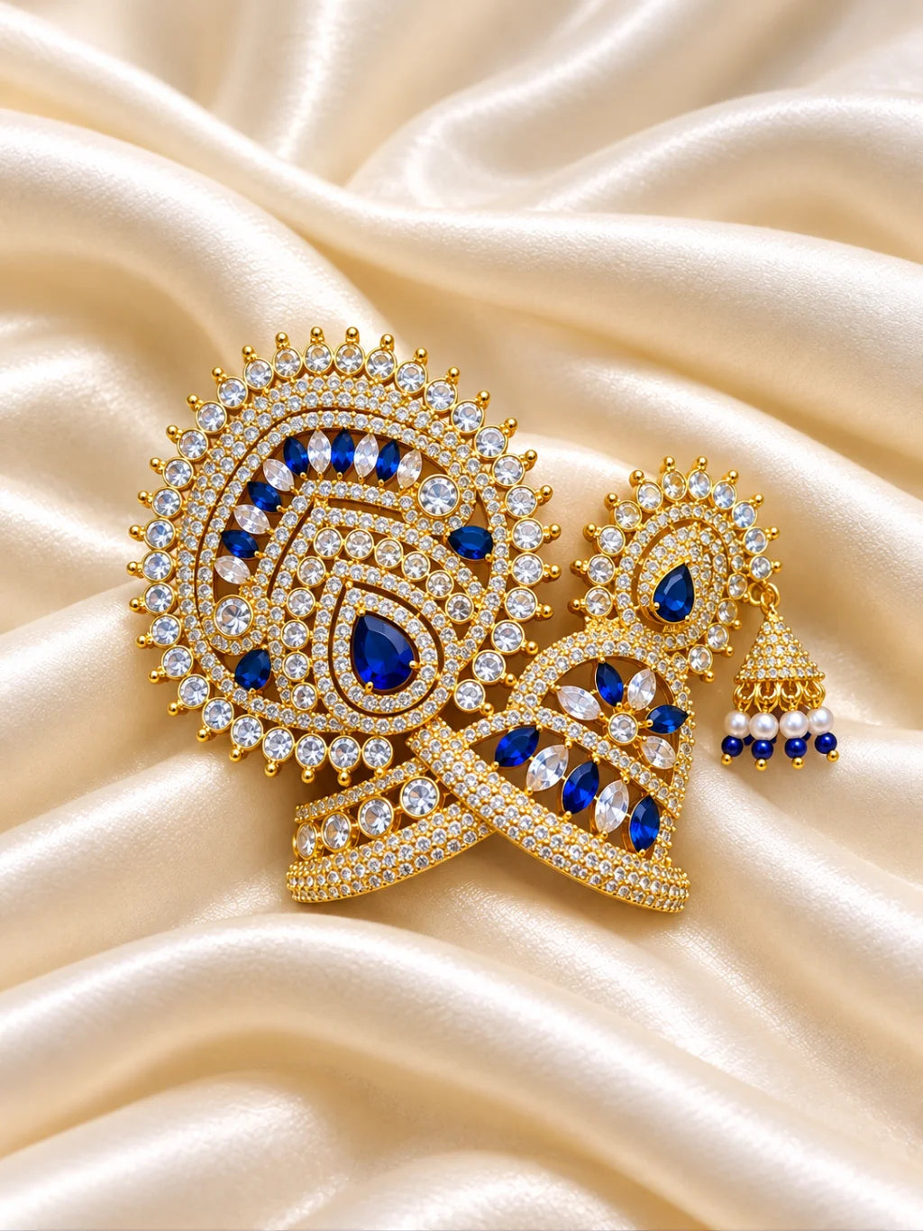 Neel Ratna Darbar AD Mukut for Deity with royal blue jewel-inspired accents and sparkling American Diamond detailing