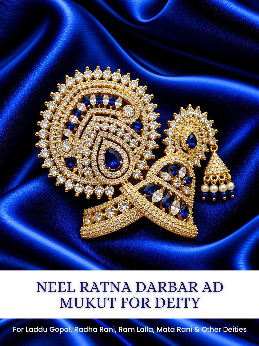 Neel Ratna Darbar AD Mukut for Deity with royal blue jewel-inspired accents and sparkling American Diamond detailing