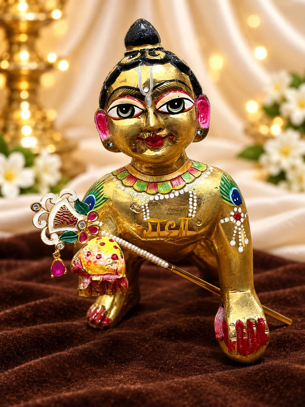 Padma Pallavi Gold Plated Bansuri for Deity featuring elegant lotus-inspired ornamental styling and a traditional gold-plated finish for Laddu Gopal and Krishna Ji shringar.