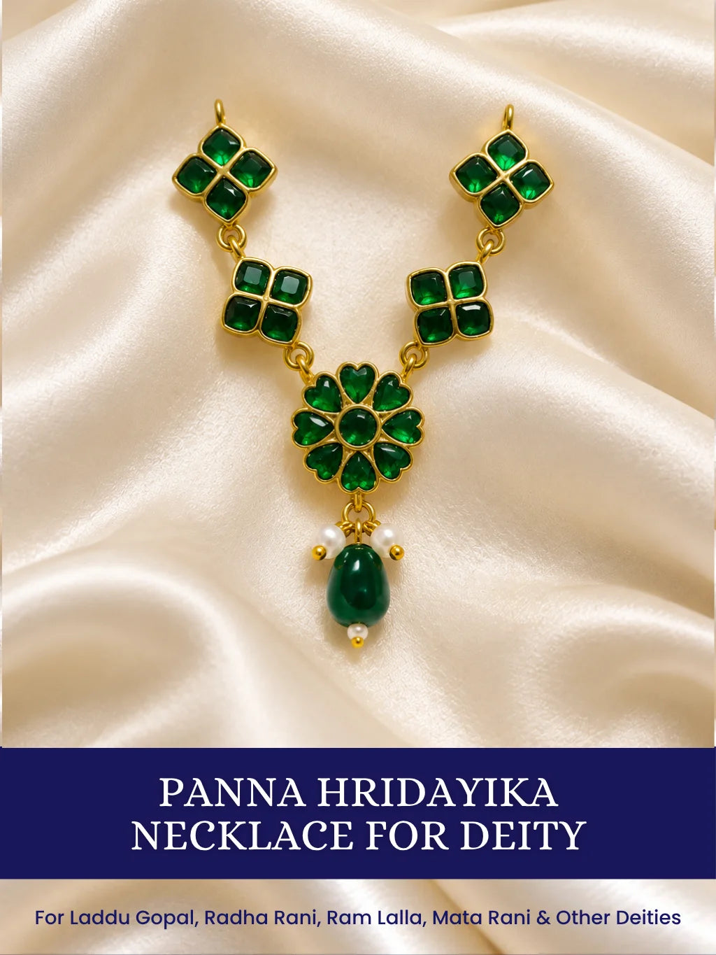 Panna Hridayika Necklace for Deity featuring emerald-green inspired heart design ornamentation for Laddu Gopal, Radha Rani and traditional Krishna Ji shringar.