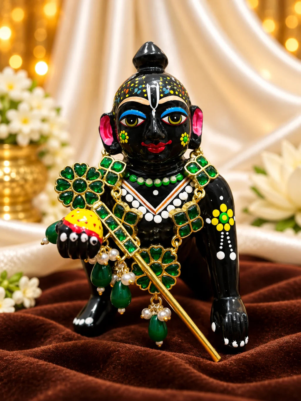 Panna Kusum Necklace and Bansuri Set for Deity featuring emerald-green inspired floral jewellery and a matching decorative Krishna flute for Laddu Gopal shringar