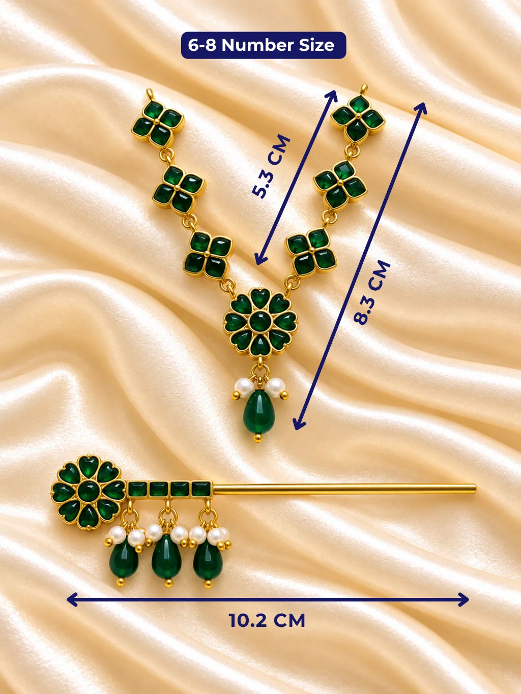 Panna Kusum Necklace and Bansuri Set for Deity featuring emerald-green inspired floral jewellery and a matching decorative Krishna flute for Laddu Gopal shringar