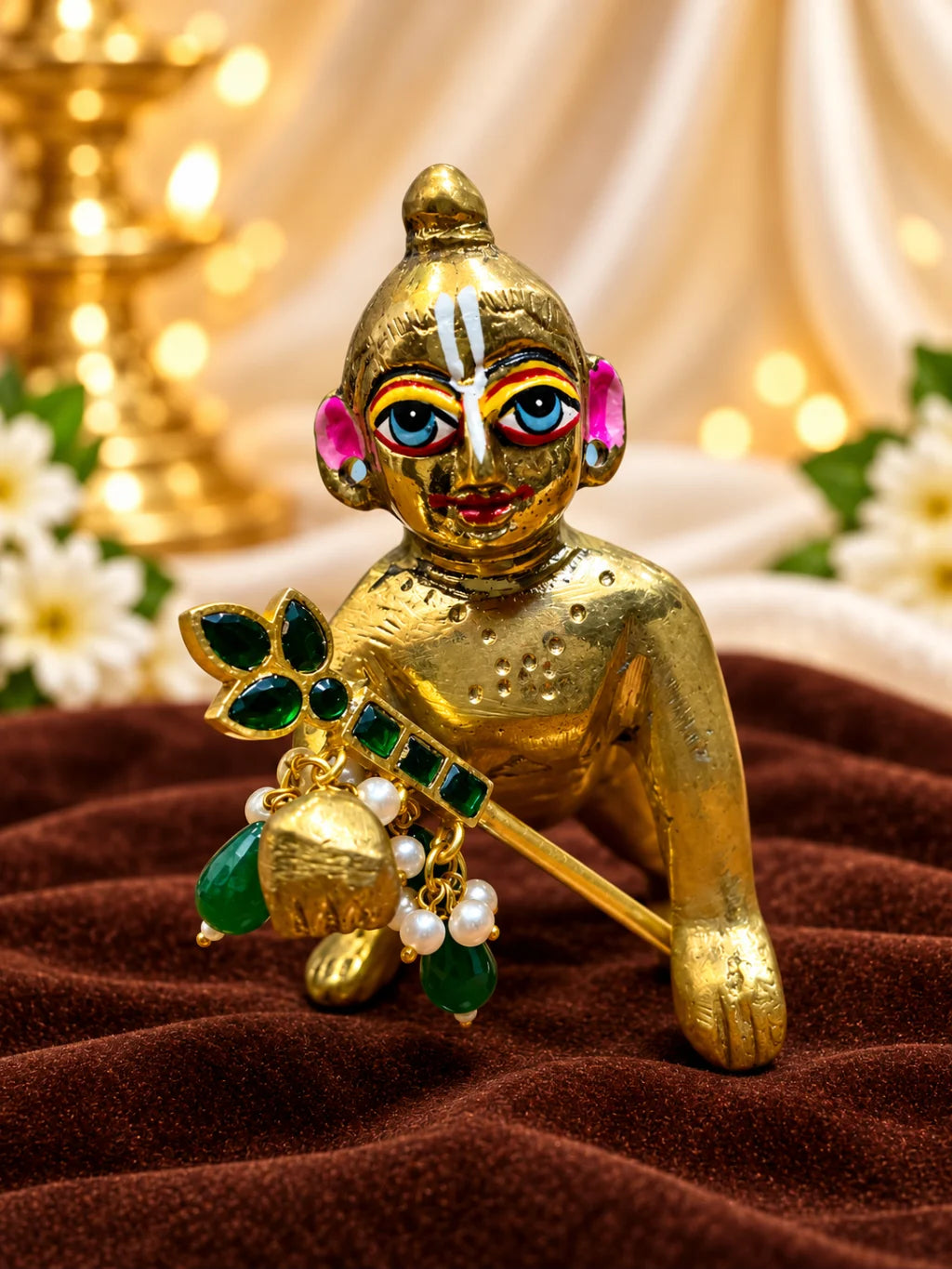 Panna Mukta Pallavi Bansuri for Deity featuring emerald-green and pearl-inspired decorative accents with delicate botanical styling for Laddu Gopal and Krishna Ji shringar.