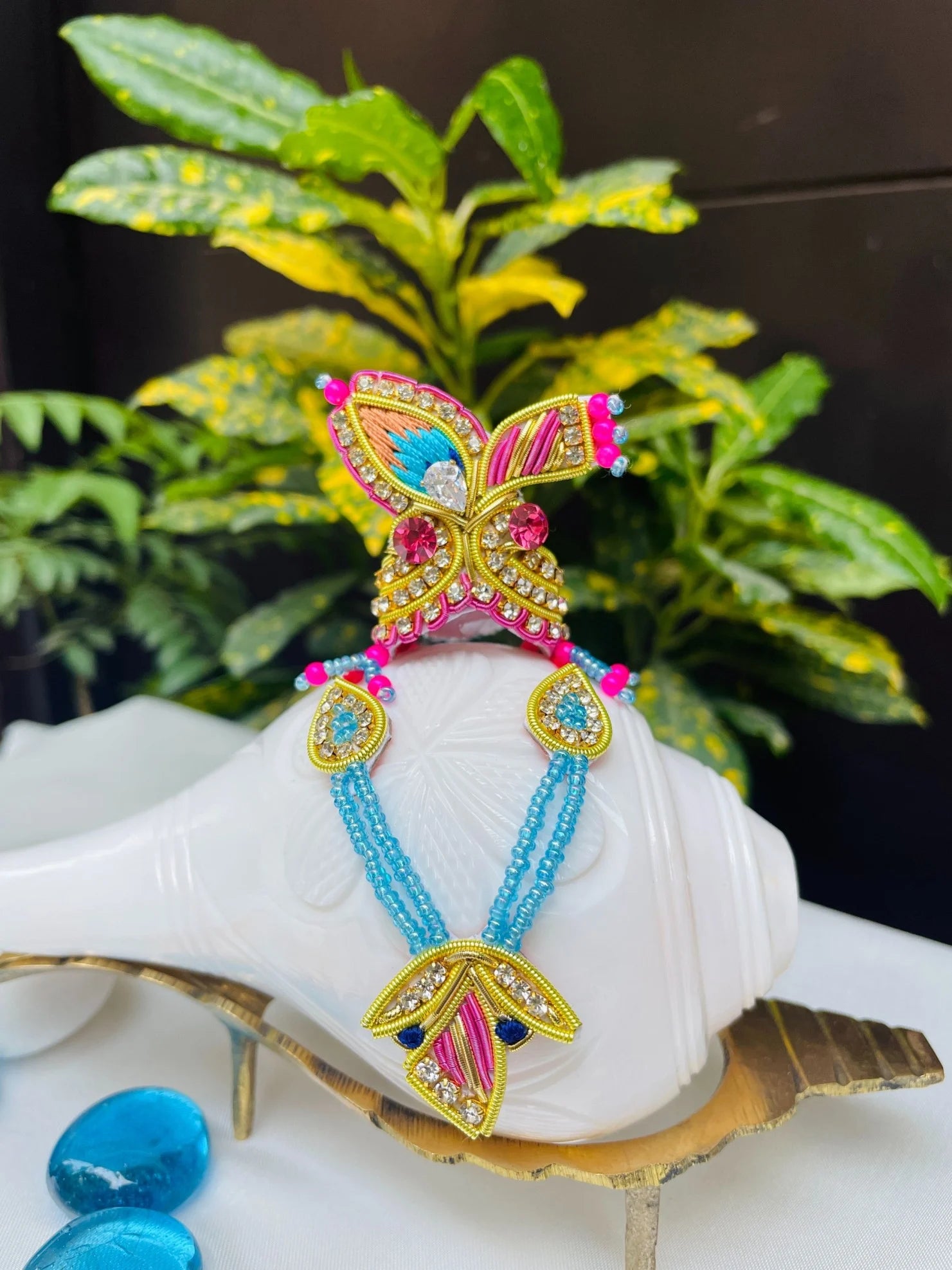 Pink & Blue Mukut and Mala