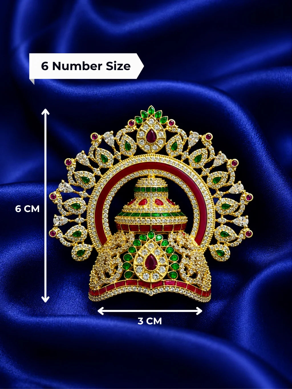 Premium gold plated Swarnakala mandap mukut crown with white American Diamonds and temple arch motifs for Laddu Gopal deity shringar
